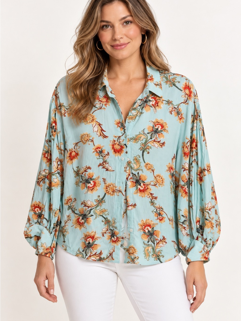 Nine West Aqua Floral a long‎ sleeve Button-Up Blouse with Orange Accents size S